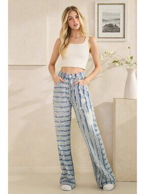 Oli & Hali NWT Light Blue Striped Frayed Spot Faded Wide-Leg Jeans
